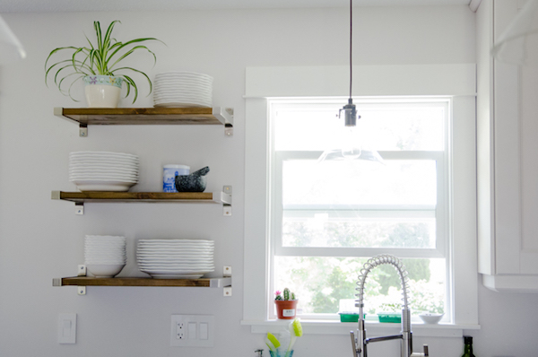 open shelves in white kitchen